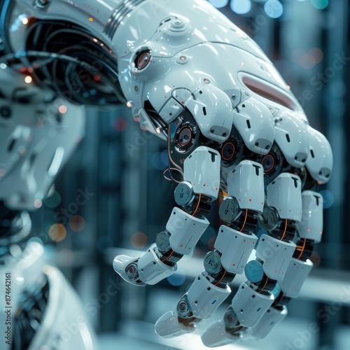 A robot's hand is shown in a white color. The robot is made of metal and has a metallic look.