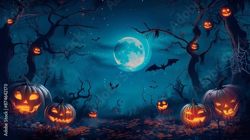 A spooky Halloween scene, with jackolanterns glowing in the darkness, bats flying overhead, and cobwebs hanging from trees, against a dark blue backdrop with a crescent moon