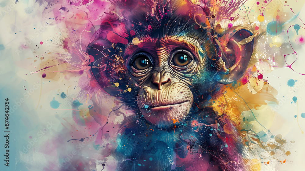 An artistic portrait of a curious monkey, surrounded by splashes of vibrant colors, creating a whimsical and lively atmosphere. An artistic portrait of a curious monkey, surrounded by splashes of vibrant colors, creating a whimsical and lively atmosphere.