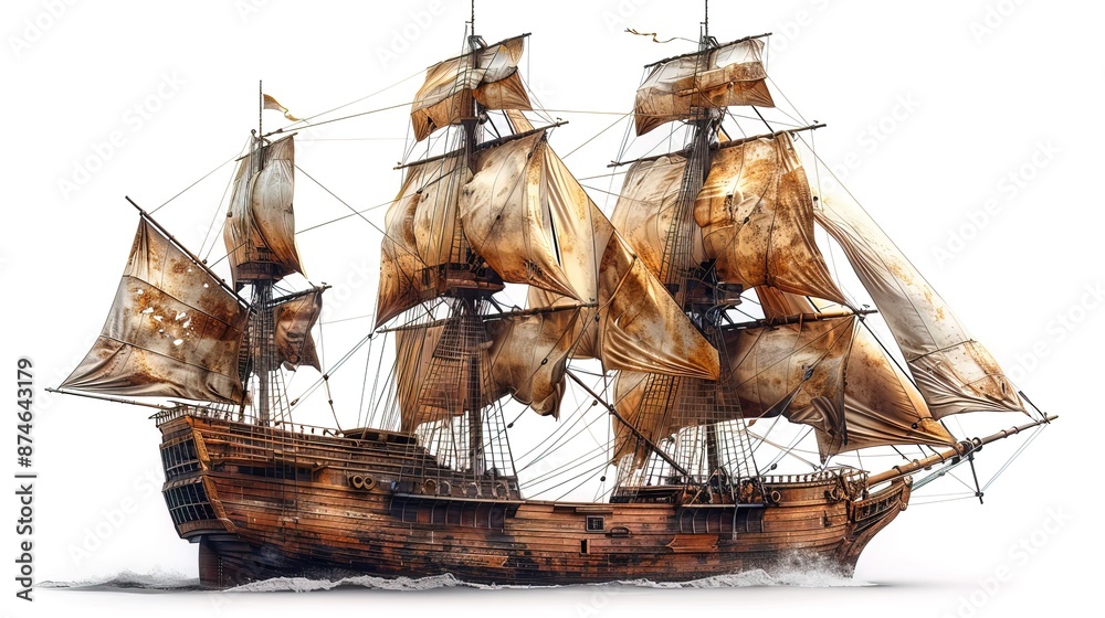 Obraz premium Old pirate ship crafted from wood, isolated on a transparent background.