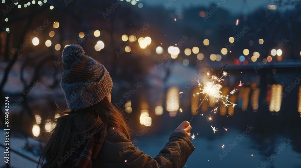 Fototapeta premium Woman Holding a Sparkler by a Frozen Lake in Winter