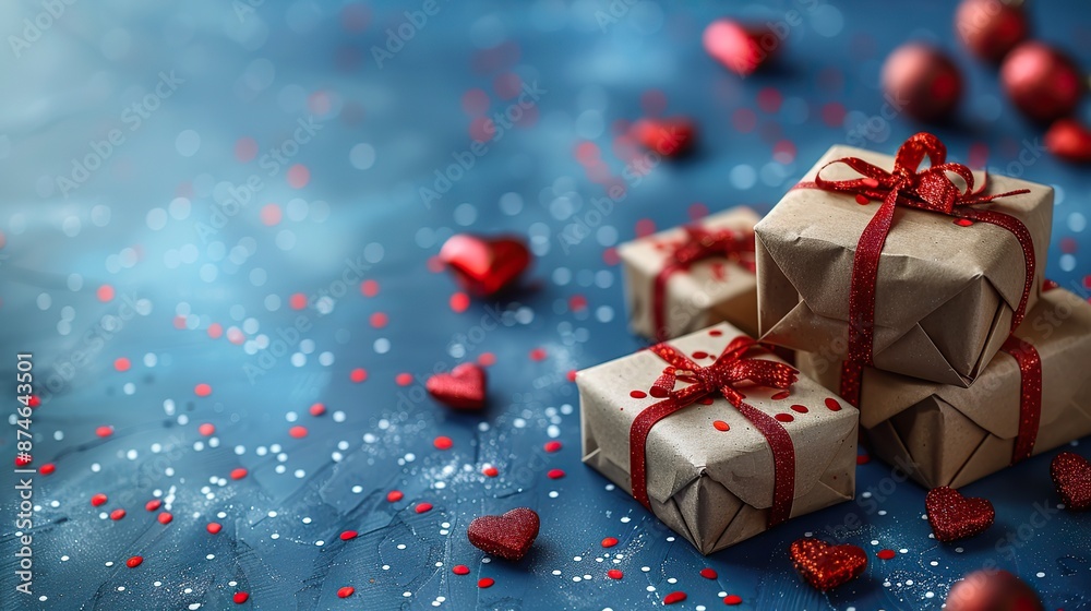 happy valentine s day concept love letter gift boxes hearts on blue background.stock photo