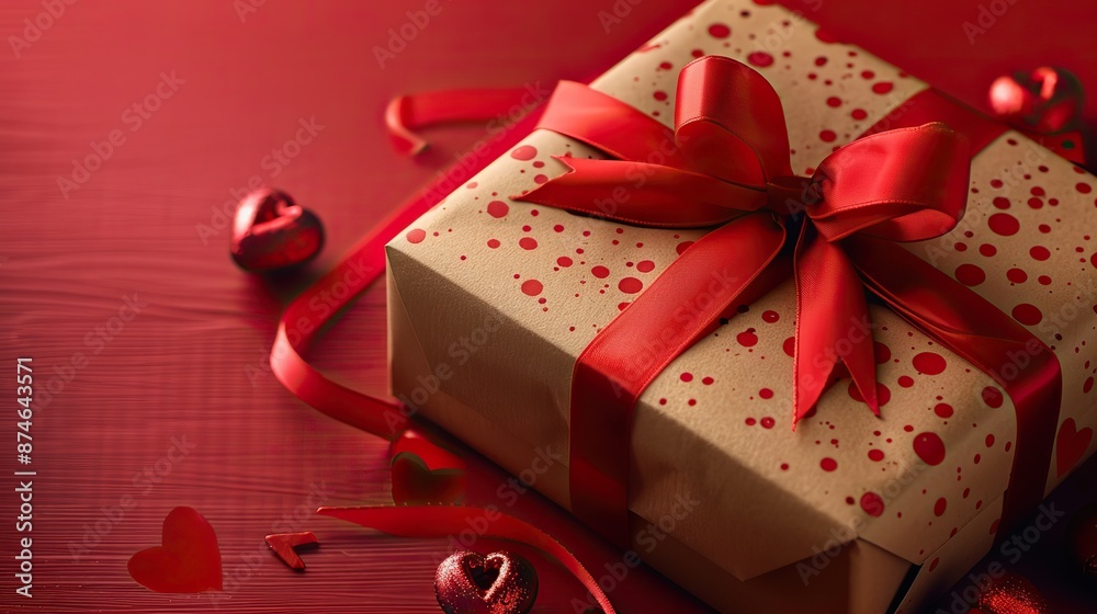 valentines day gift box wrapped craft paper,lipstick marks print,red ribbon bow on red background valentines day present surprise top view,copy space.image illustration valentines day gift box wrapped craft paper,lipstick marks print,red ribbon bow on red background valentines day present surprise top view,copy space.image illustration