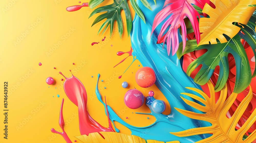 Obraz premium colorful splash of paint with tropical leaves on a yellow background, in a top view. Abstract colorful liquid splashes and waves in the style of summer. Design for a poster, flyer, magazine cover
