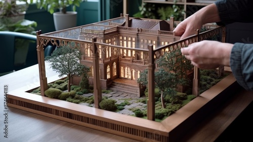 A hand pointing at a small garden trellis near a classical-style villa model on a wooden display table. The villa has 2-3 stories constructed from glass, wood photo