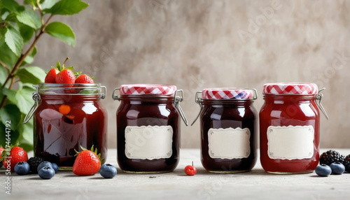 Quatro potes de geleia de diversos sabores, sobre superfície clara photo