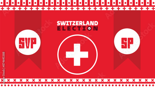 Switzerland election banner with symbols of major political parties. Vote in general election in Switzerland. Political debate between SVP, SP.