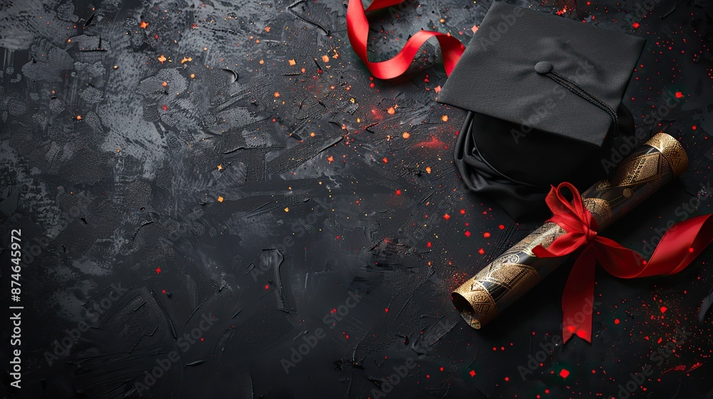 graduation cap diploma american flag on black background flat lay top ...