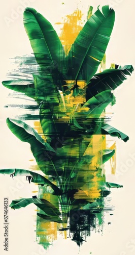 Abstract banana tree leaves with vibrant colors and painterly brushstrokes photo