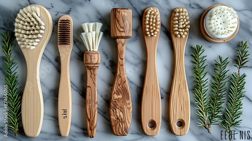 set of eco friendly wooden shaving accessories on marble background flat lay top view.stock image photo