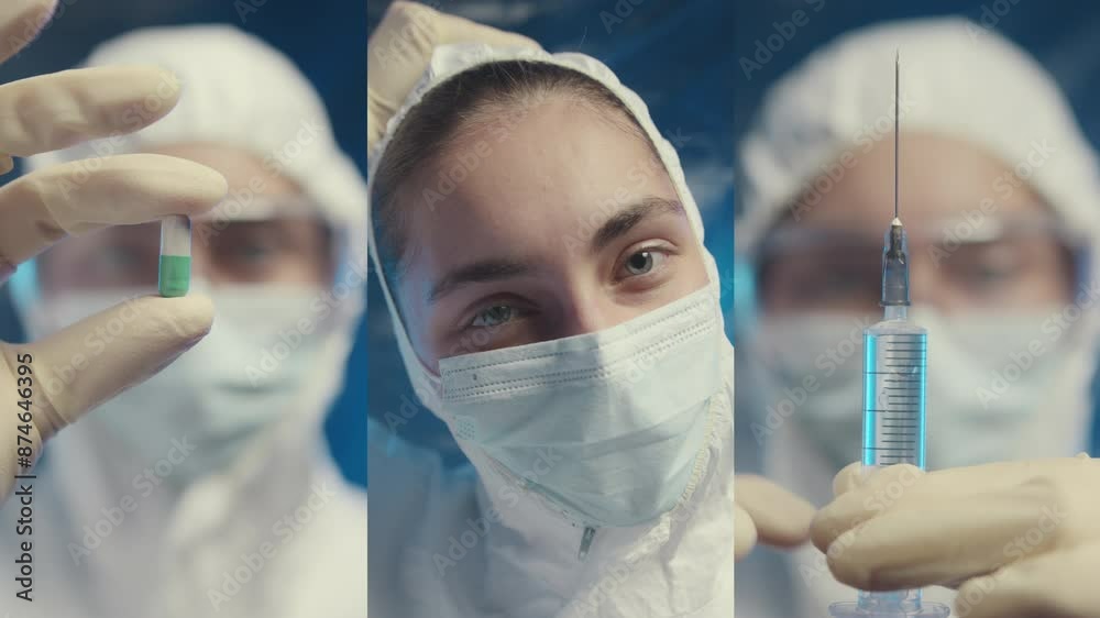 Split screen of portrait of Caucasian female doctor wearing safety coverall, glasses and face mask looking at camera, demonstrating syringe and capsule pill and taking off eyewear Split screen of portrait of Caucasian female doctor wearing safety coverall, glasses and face mask looking at camera, demonstrating syringe and capsule pill and taking off eyewear