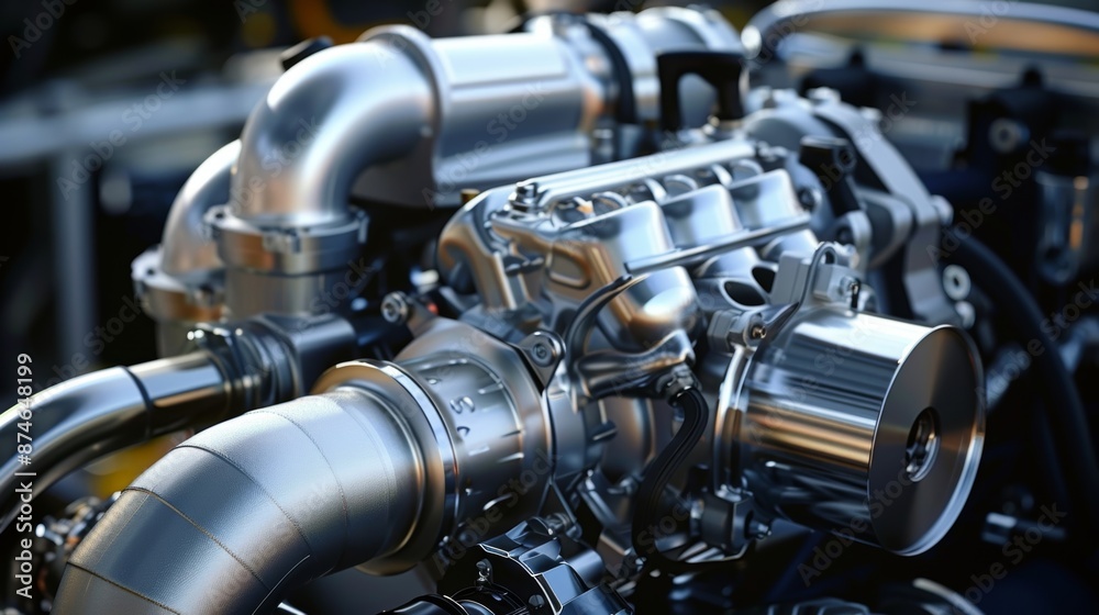 A detailed image of a turbocharged diesel engine with a larger turbocharger and intercooler to handle the higher pressures and temperatures. A detailed image of a turbocharged diesel engine with a larger turbocharger and intercooler to handle the higher pressures and temperatures.