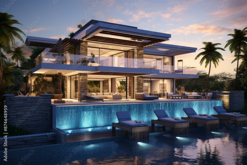 Contemporary house with illuminated pool and palm trees during evening Contemporary house with illuminated pool and palm trees during evening