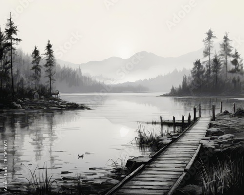 A simple sketch of a small, rustic dock extending into a misty lake at dawn © NeeArtwork