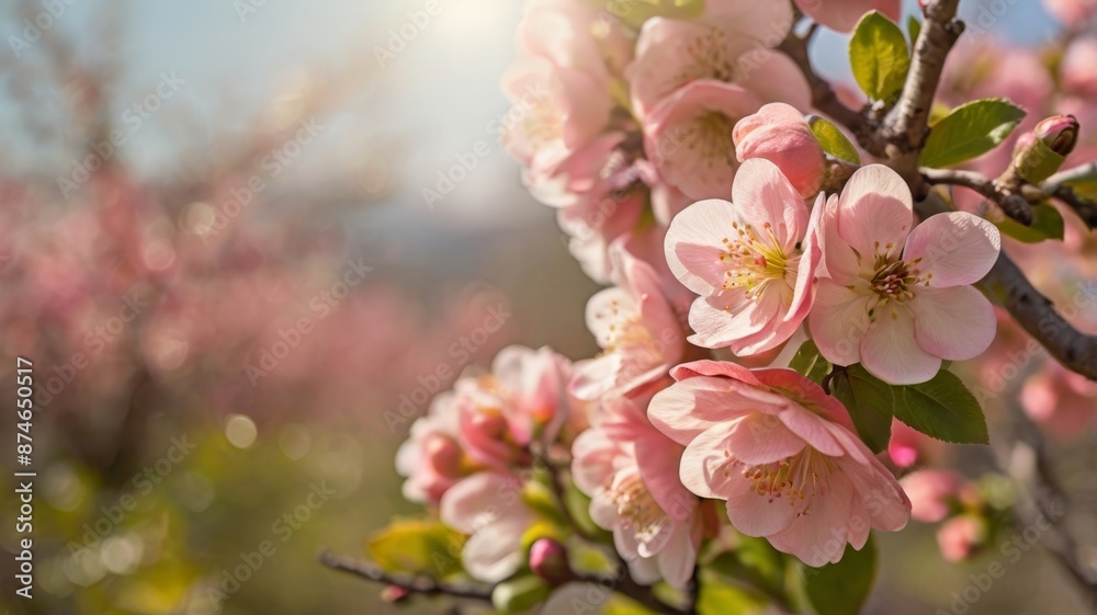 a banner for a website with pink blooming Japanese quince flowers, against a bright, sunny landscape background with a delicate bokeh effect a banner for a website with pink blooming Japanese quince flowers, against a bright, sunny landscape background with a delicate bokeh effect