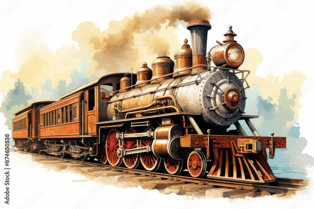 Fototapeta premium Detailed vintage steam locomotive illustration for railway transportation enthusiasts and history buffs reminiscent of the golden age of american railroads