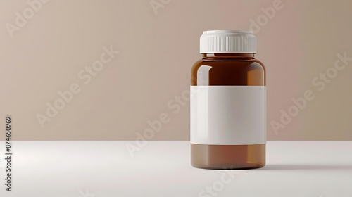 3D Render of a Brown Glass Bottle with a White Label and White Cap on a White Surface