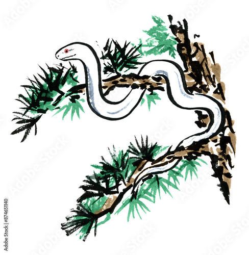 松の枝に巻き付いて登る白蛇（墨彩画）