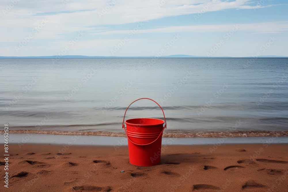 A single red beach bucket turned upside down on a sandy shore A single red beach bucket turned upside down on a sandy shore