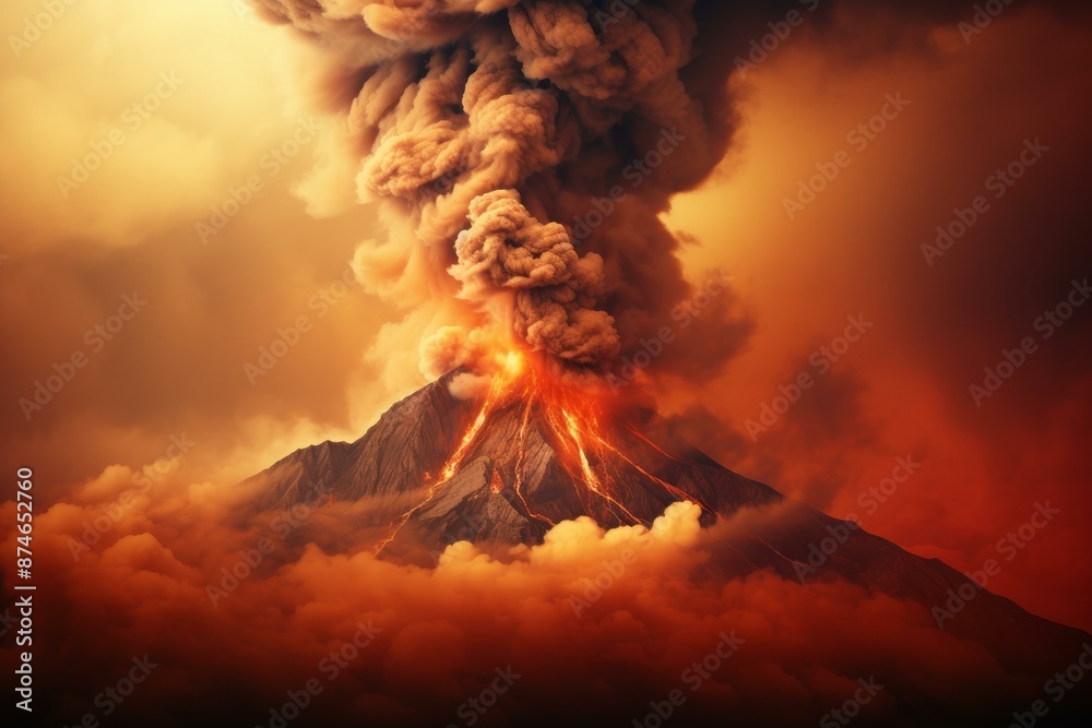 Fototapeta premium Dramatic view of a volcano erupting with fiery lava flow and smoke against a fiery sky