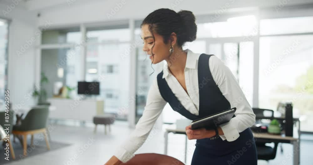 Happy woman, walking and office secretary with coffee at desk for morning, tasks or agenda at workplace. Young female person, employee or business receptionist with laptop or drink for work schedule
