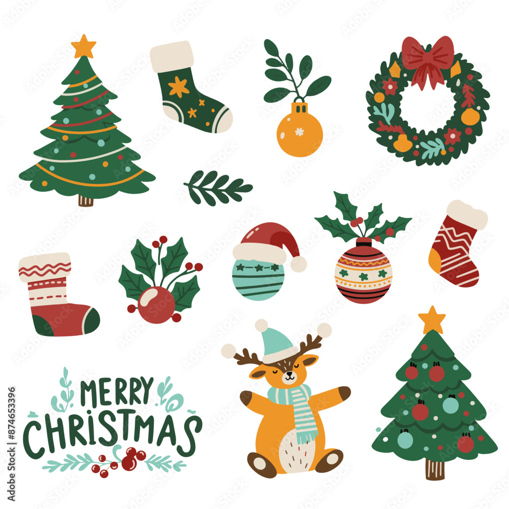 A large set of icons for Christmas and New Year holidays. Flat style collection. Vector illustration of Christmas elements. A large set of icons for Christmas and New Year holidays. Flat style collection. Vector illustration of Christmas elements.