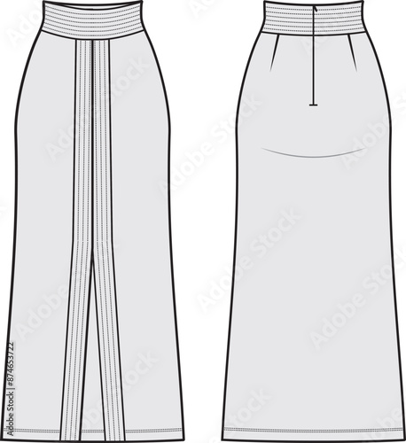 Technical design of midi skirt with high waistband, front opening, darts, and zipper on the back.