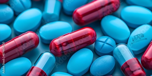 Vibrant image of blue and red capsules with Anti Drug Day inscription. Concept Health and Wellness, Awareness Campaigns, Medicine and Pharmaceuticals photo