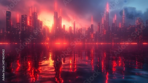 A city skyline with a red sun in the background. The city is lit up with neon lights. AI generated.