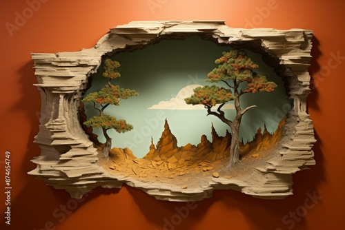 Fototapeta Naklejka Na Ścianę i Meble -  Paper art diorama of a serene landscape with trees and mountains, projecting a 3d illusion