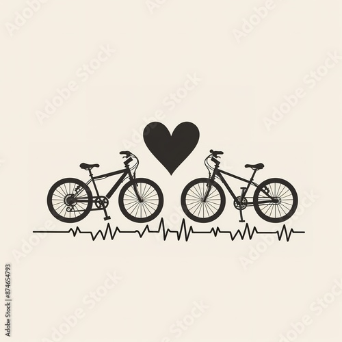 a black and white vector graphic of an ECG line with the silhouette of two bicycles, a heart shape in between them on a plain background Job ID: ccaa04b7-4309-43ee-bd68-b0b3b6ffc7ec photo