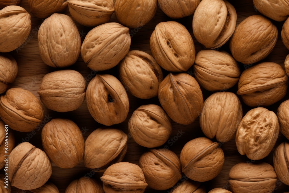 Top-down view of a collection of whole walnuts tightly packed to create a natural texture Top-down view of a collection of whole walnuts tightly packed to create a natural texture