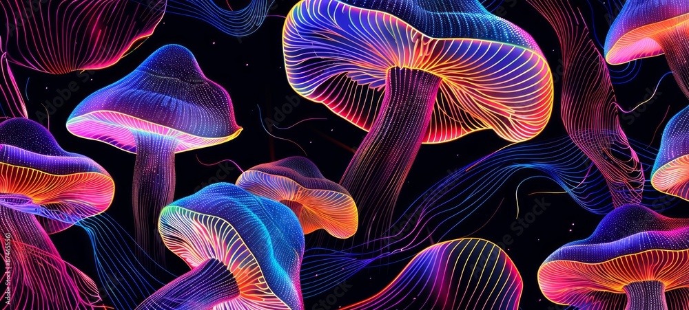 Obraz premium Neon glowing mushrooms in a dark environment. Concept of psychedelic art, nature fantasy, vibrant luminescence. Abstract background