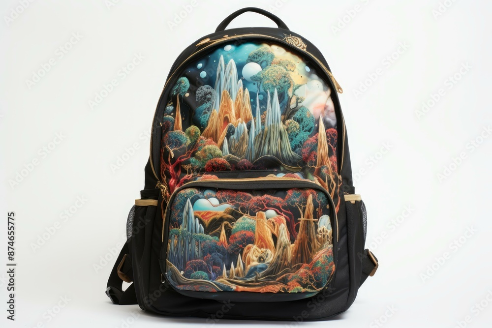 Vibrant backpack with intricate fantasy artwork isolated on a white backdrop Vibrant backpack with intricate fantasy artwork isolated on a white backdrop
