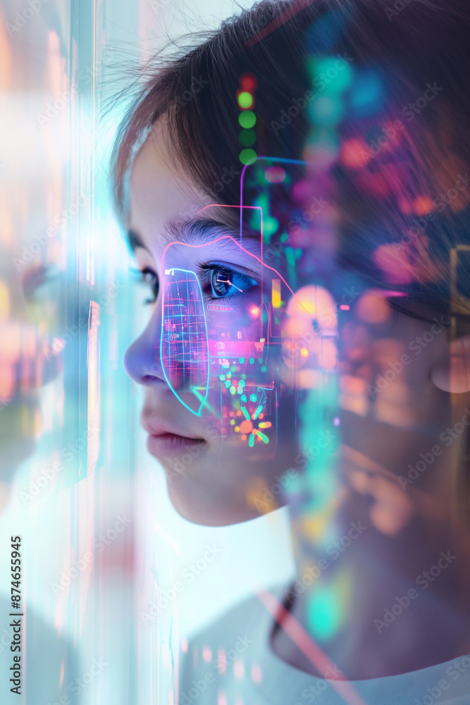 child using artificial intelligence on virtual screen with a simple minimalist colourful UI for communicating with friends online - future social media concept child using artificial intelligence on virtual screen with a simple minimalist colourful UI for communicating with friends online - future social media concept
