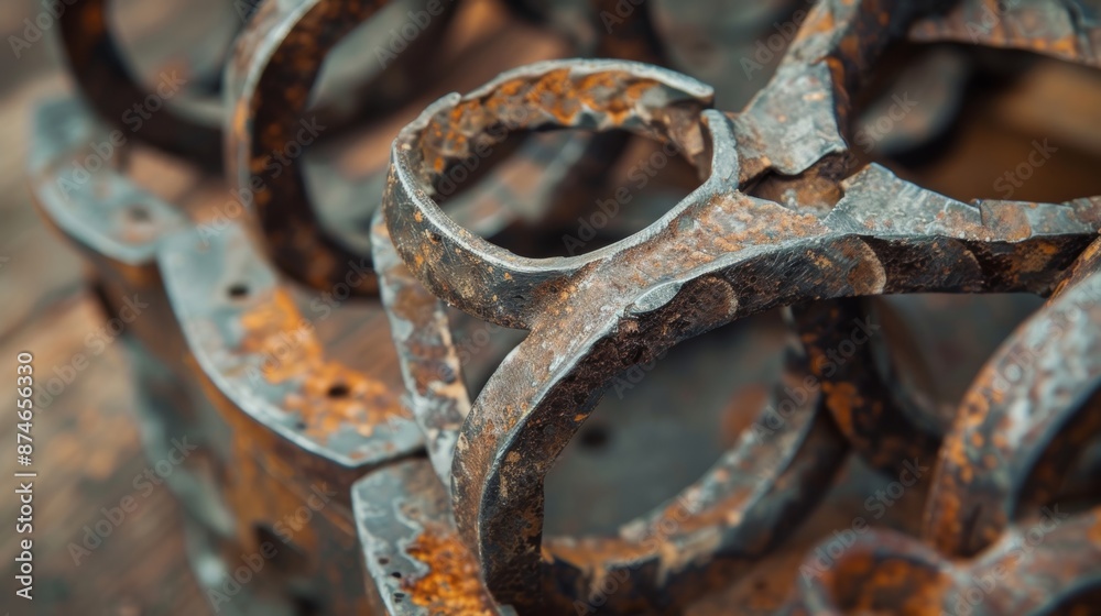 A detailed view of a rustic cup holder made from repurposed horseshoes welded together to form a sy and functional piece.