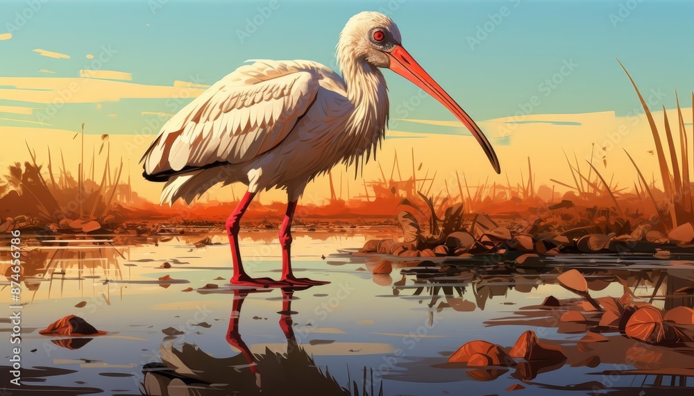 Fototapeta premium Ibis probing mud with its beak flat design front view marsh theme animation Complementary Color Scheme