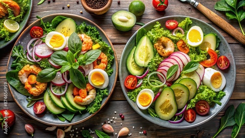 Rich and colorful salad plates with green leaves, vegetables, avocado, eggs, chicken, and shrimp on background, salad