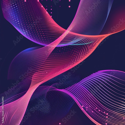 Dark purple background with a pink and blue gradient, vector graphics and lines, with flowing shapes in the middle of the screen 