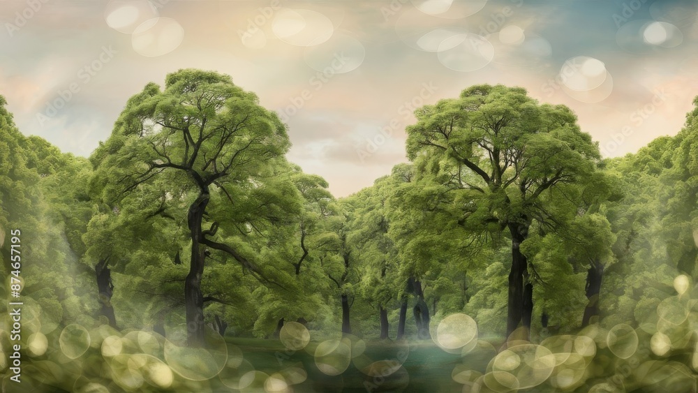 a panoramic nature background with green beech leaves in the foreground and soft bokeh highlights creating a calming effect a panoramic nature background with green beech leaves in the foreground and soft bokeh highlights creating a calming effect