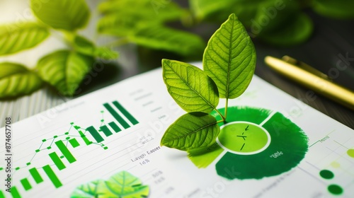 Fresh leaves on a document with green financial graphs, environmental finance, sustainable investing photo