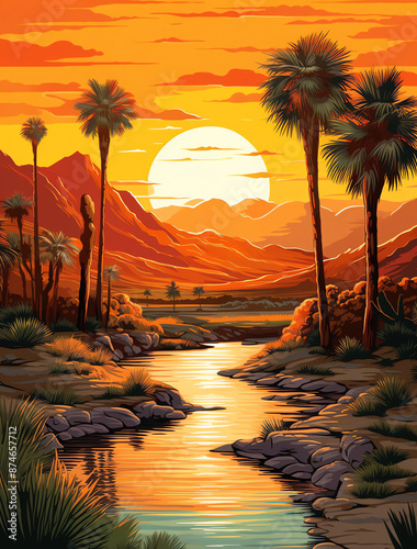 A vector illustration of the sunset in Palm Springs, California with palm trees and mountains