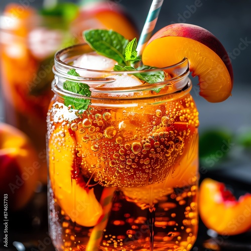 Close-up of a mason jar filled with iced peach tea, condensation on the glass, a straw, and a vibrant peach slice photo