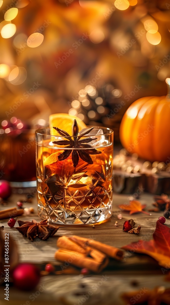 Autumn-themed cozy beverage backdrop with pumpkin and spices. Concept of fall drink, seasonal decor, warm ambiance. Vertical. Copy space Autumn-themed cozy beverage backdrop with pumpkin and spices. Concept of fall drink, seasonal decor, warm ambiance. Vertical. Copy space