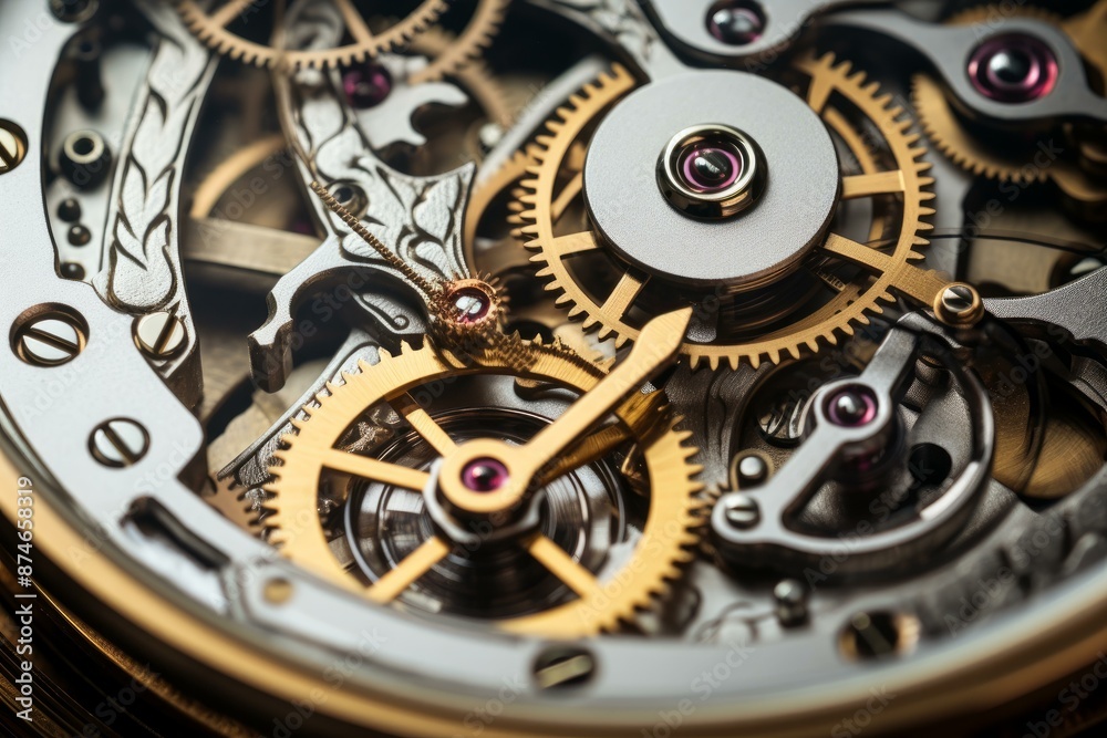 Detailed close-up of intricate watch mechanism showcasing the inner workings, precision gears, and craftsmanship of a luxury timepiece in a macro photography shot Detailed close-up of intricate watch mechanism showcasing the inner workings, precision gears, and craftsmanship of a luxury timepiece in a macro photography shot