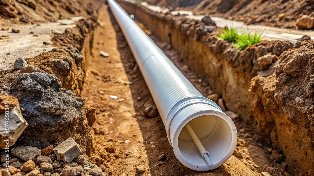 PVC pipe in trench ready to be connected to home well water system, PVC, pipe, trench, connection, home PVC pipe in trench ready to be connected to home well water system, PVC, pipe, trench, connection, home