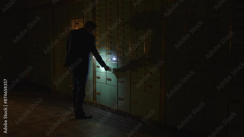 In a dimly lit hallway, an enigmatic figure meticulously inspects a sealed safe In a dimly lit hallway, an enigmatic figure meticulously inspects a sealed safe