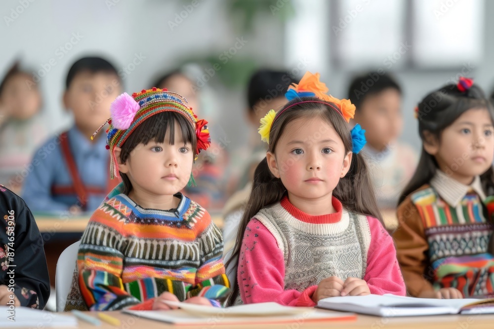 Children in traditional clothes attending an international class, global education, cultural representation Children in traditional clothes attending an international class, global education, cultural representation