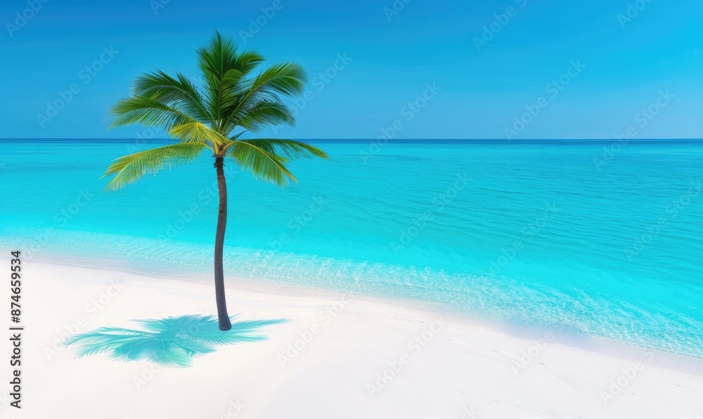 A serene tropical beach scene with a lone palm tree, clear turquoise water, and white sandy beach under a bright blue sky. A serene tropical beach scene with a lone palm tree, clear turquoise water, and white sandy beach under a bright blue sky.