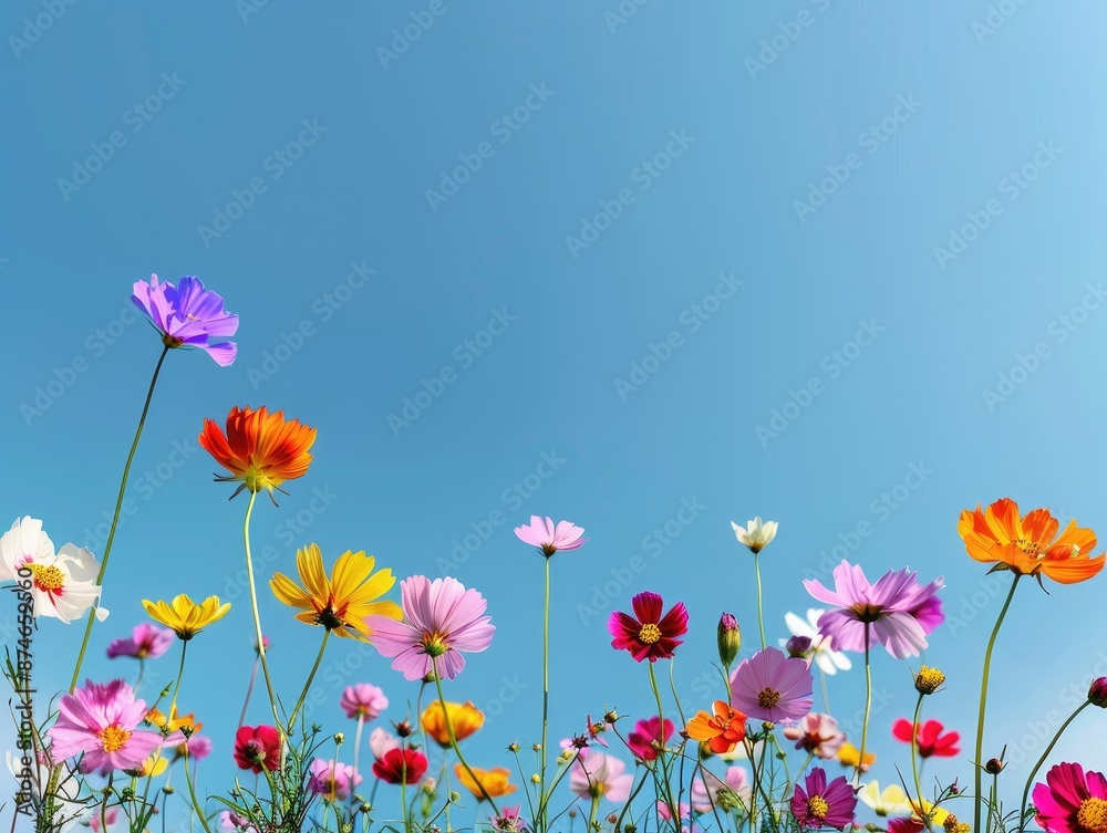 A vibrant field of colorful flowers against a clear blue sky, capturing the beauty of nature and the essence of spring. A vibrant field of colorful flowers against a clear blue sky, capturing the beauty of nature and the essence of spring.